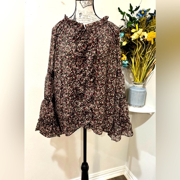Buddy Love Tops - Buddy Love Brown and Cream Ruffled 3/4 Bell flowy Sleeves sheerBlouse size Med
